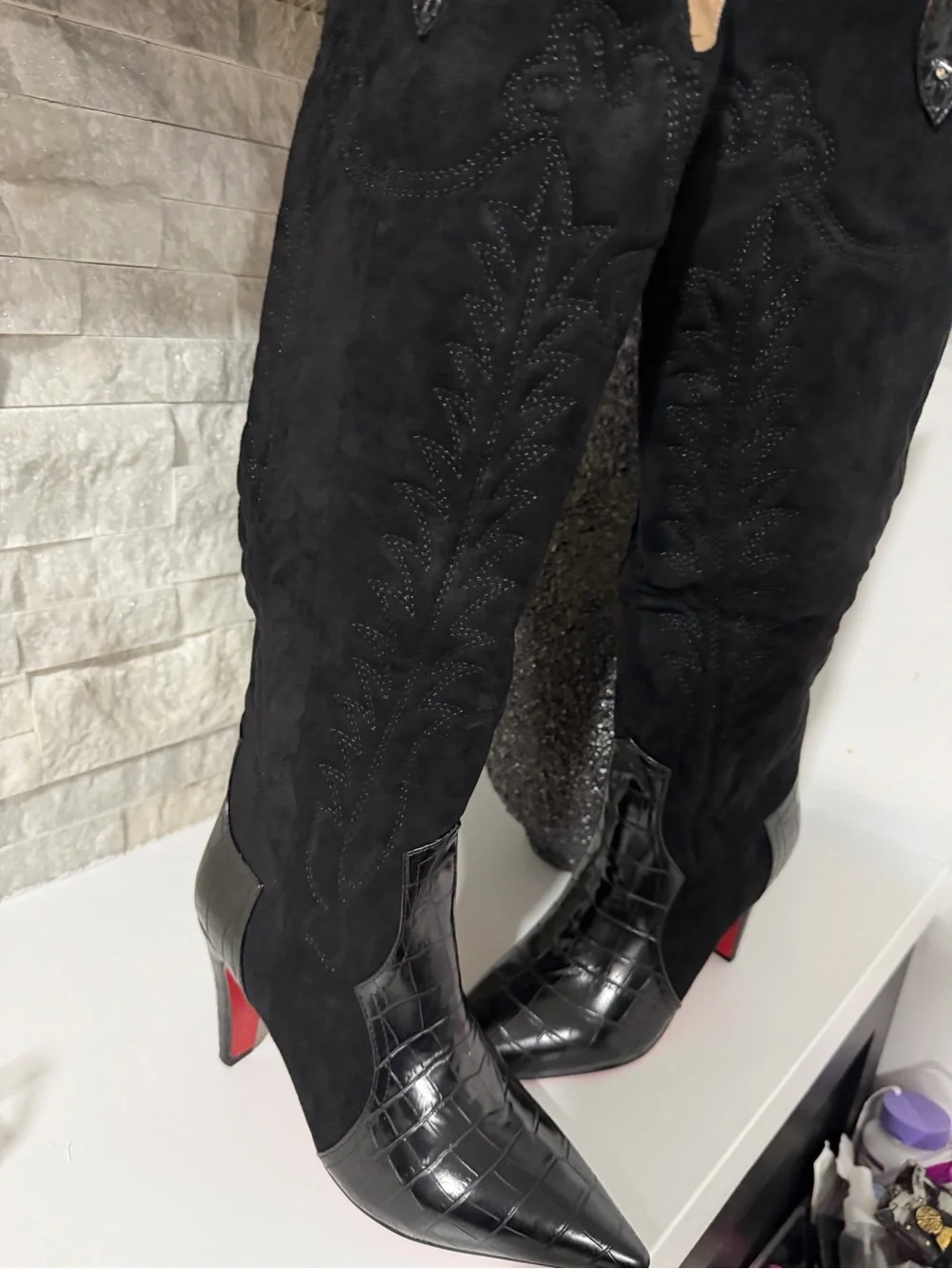 RED BOTTOM Black Over-the-Knee Pointed-Toe Boots with Croc-Texture Cap